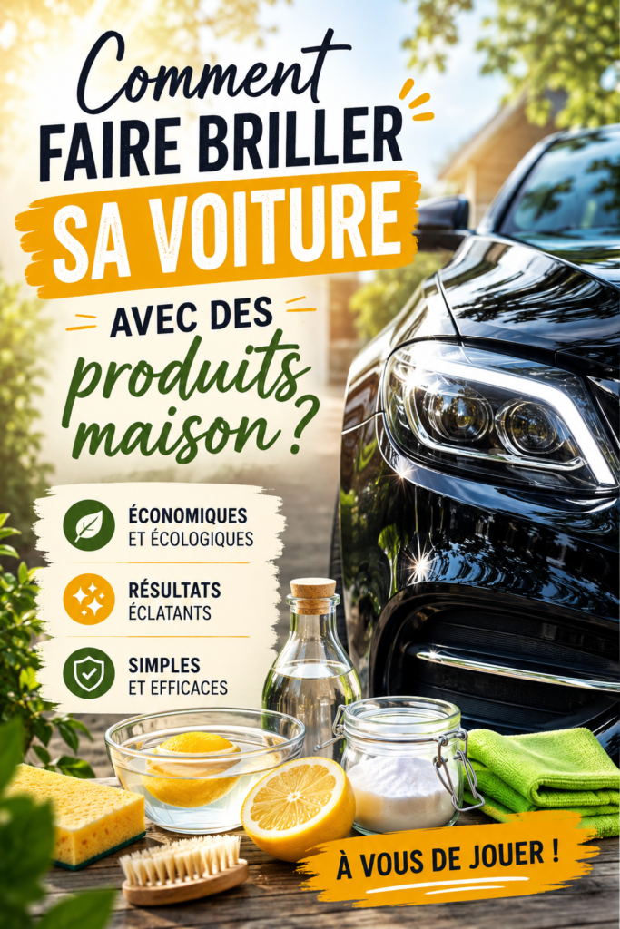 Une femme souriante nettoie sa voiture avec un produit maison naturel.