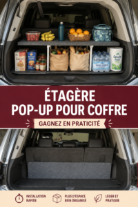 Image d'une étagère pop-up installée dans un coffre de voiture bien rangé.