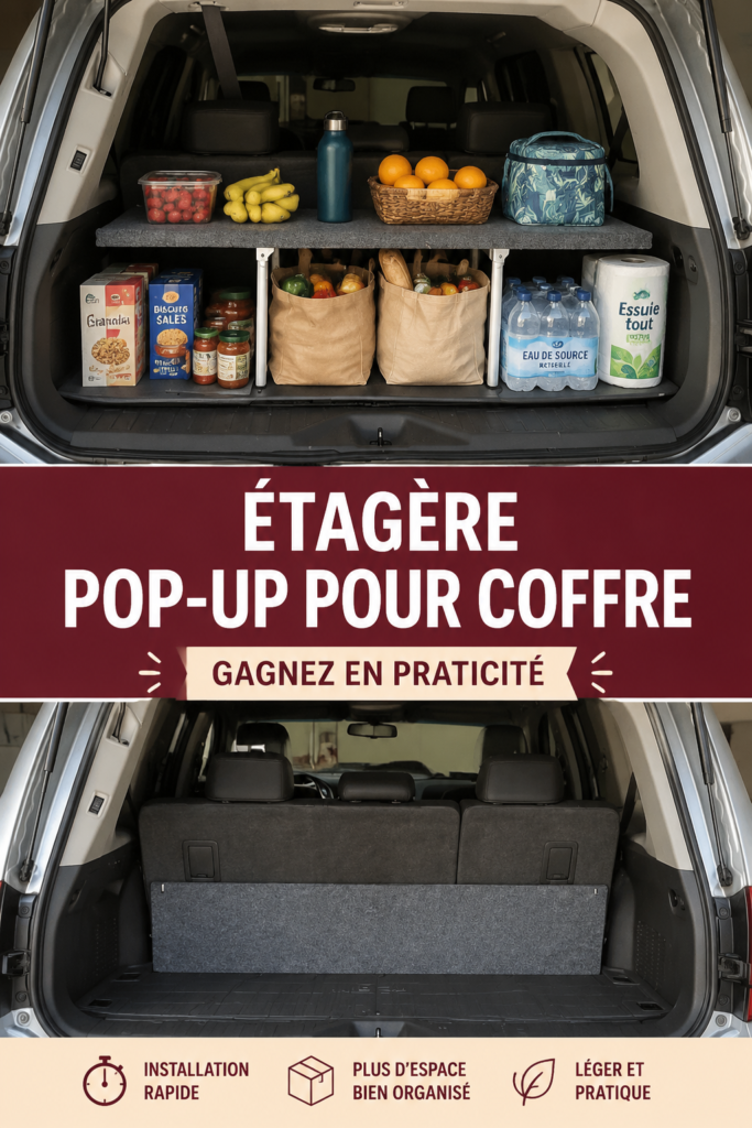 Image d'une étagère pop-up installée dans un coffre de voiture bien rangé.