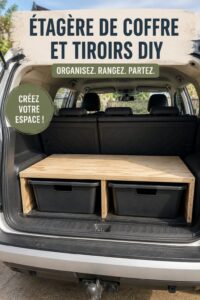Un rangement auto DIY montrant des étagères en bois soigneusement fabriquées.