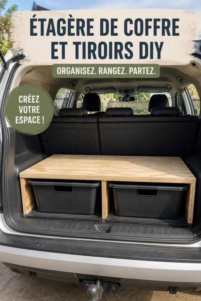Un rangement auto DIY montrant des étagères en bois soigneusement fabriquées.