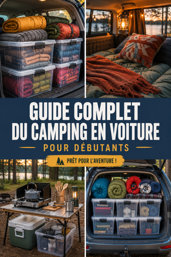 Femme préparant son matériel de camping dans une voiture