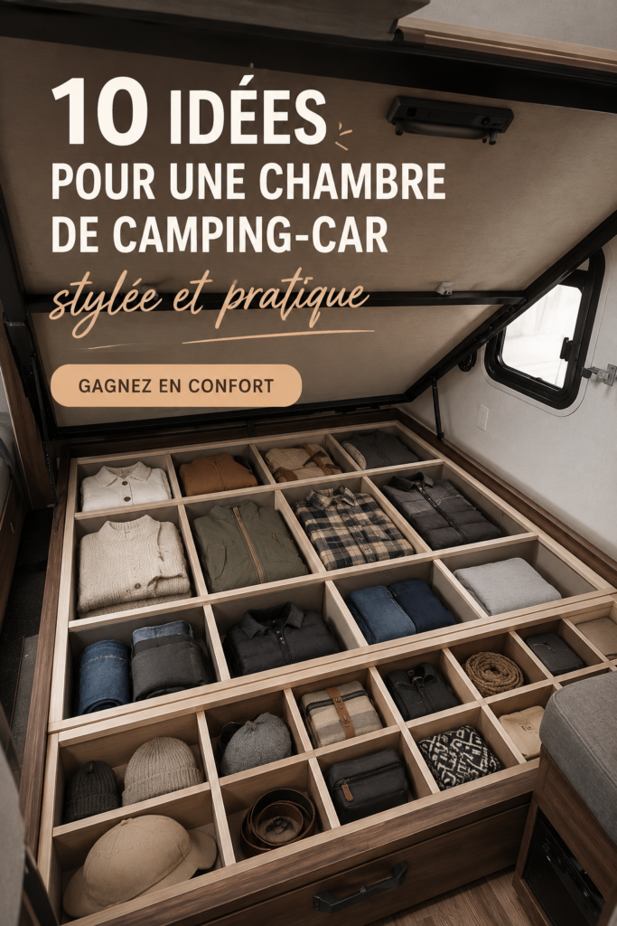 Idée d'aménagement stylé d'une chambre dans un camping-car avec des éléments de rangement pratiques.