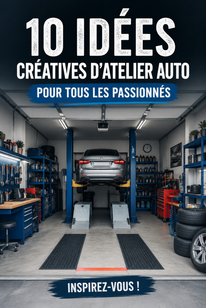 Un garage bien aménagé avec des outils et des rangements organisés, idéaux pour un passionné de voiture.