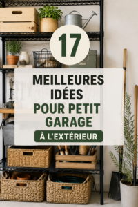 Une femme organisant son garage extérieur avec des étagères et des accessoires pratiques.