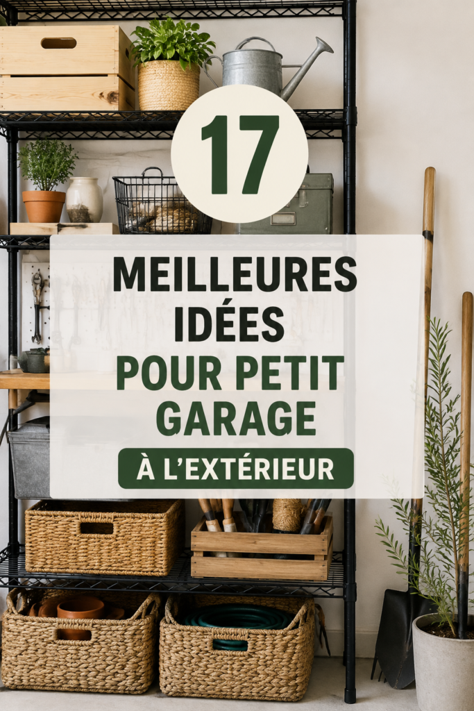 Une femme organisant son garage extérieur avec des étagères et des accessoires pratiques.