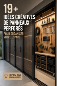 Garage bien organisé avec un panneau perforé en bois et des outils rangés.