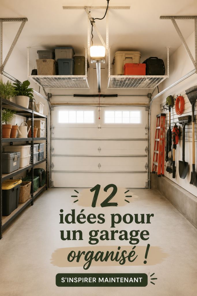 Garage organisé avec des étagères et des bacs de rangement