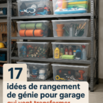 Un garage bien rangé avec des étagères et des boîtes de rangement.