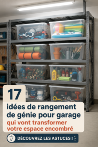 Un garage bien rangé avec des étagères et des boîtes de rangement.