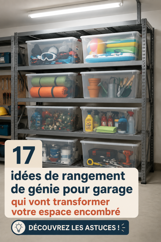 Un garage bien rangé avec des étagères et des boîtes de rangement.