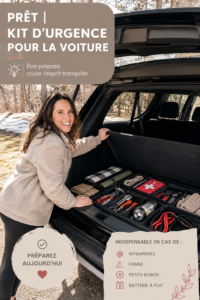 Un kit d'urgence auto avec des accessoires essentiels sur une banquette arrière de voiture.
