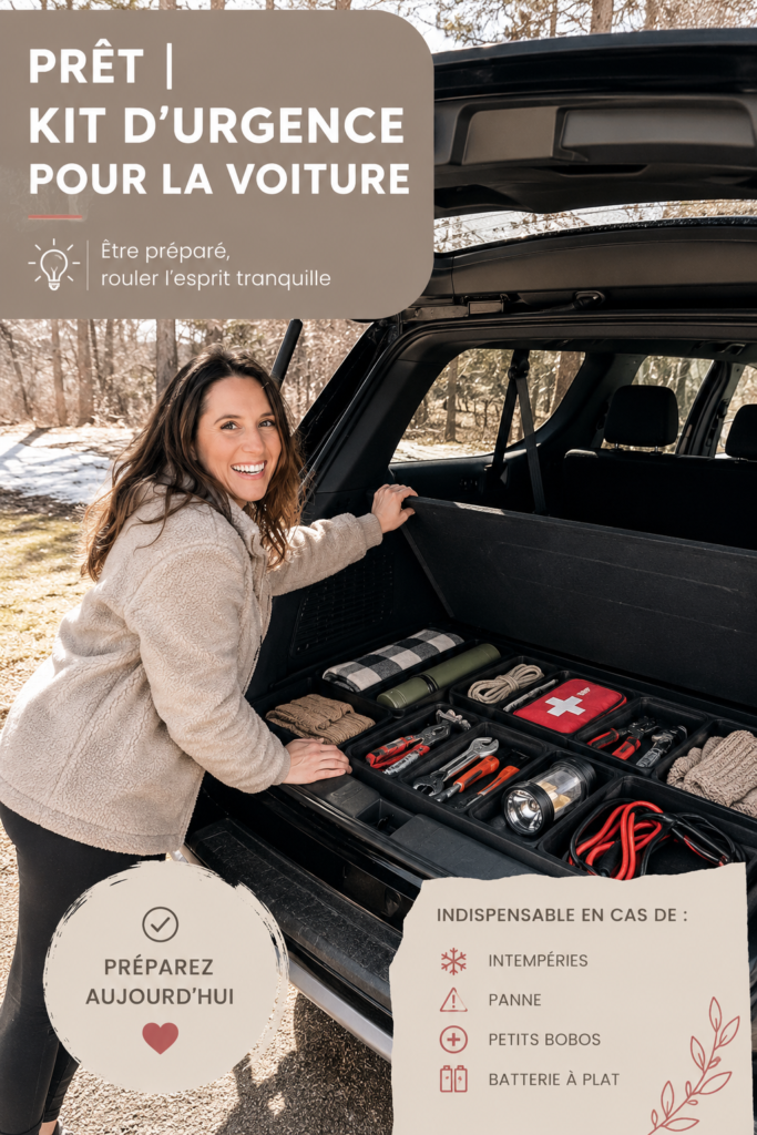 Un kit d'urgence auto avec des accessoires essentiels sur une banquette arrière de voiture.