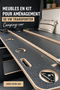 Aménagement d'un van avec du mobilier en kit pour un espace élégant et pratique.