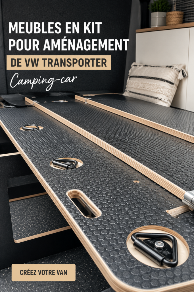 Aménagement d'un van avec du mobilier en kit pour un espace élégant et pratique.