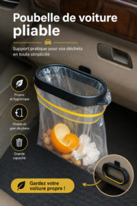 Organisateur auto pliable en tissu noir installé dans une voiture