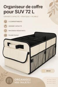 Organisateur de coffre pour voiture beige avec plusieurs compartiments