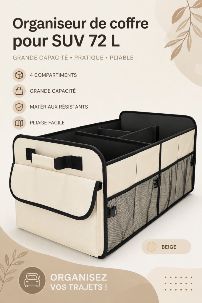 Organisateur de coffre pour voiture beige avec plusieurs compartiments