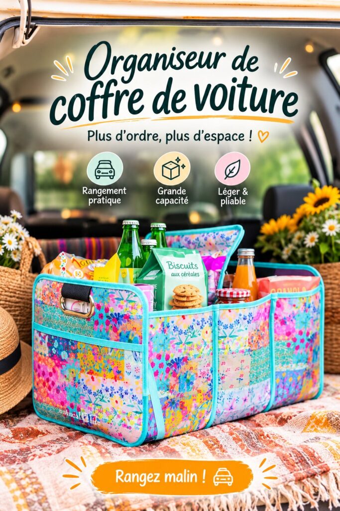 Organisateur de coffre de voiture floral en bleu avec des motifs éblouissants