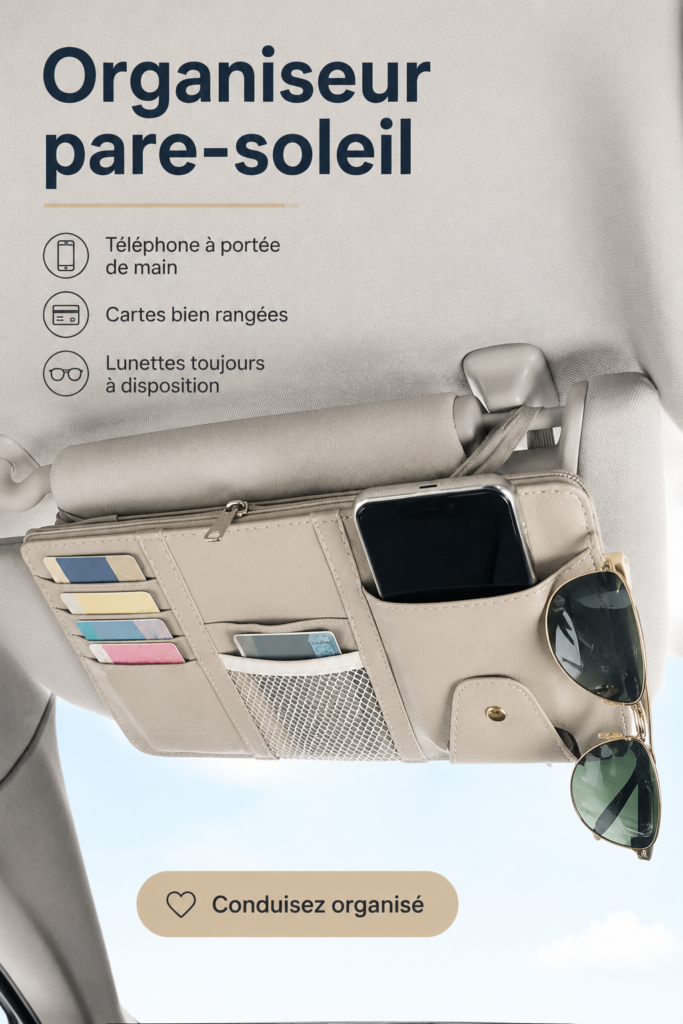 Organisateur de pare-soleil noir installé dans une voiture, montrant des documents et des accessoires bien rangés.