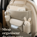 Un organisateur de siège auto en pleine utilisation, montrant des poches bien remplies d'objets du quotidien.