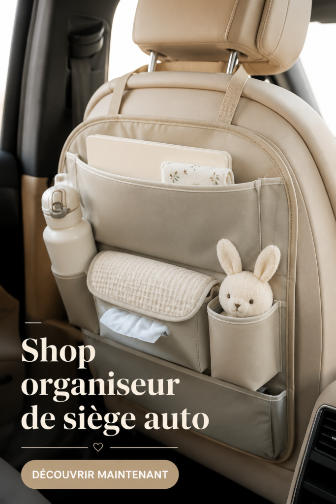 Un organisateur de siège auto en pleine utilisation, montrant des poches bien remplies d'objets du quotidien.
