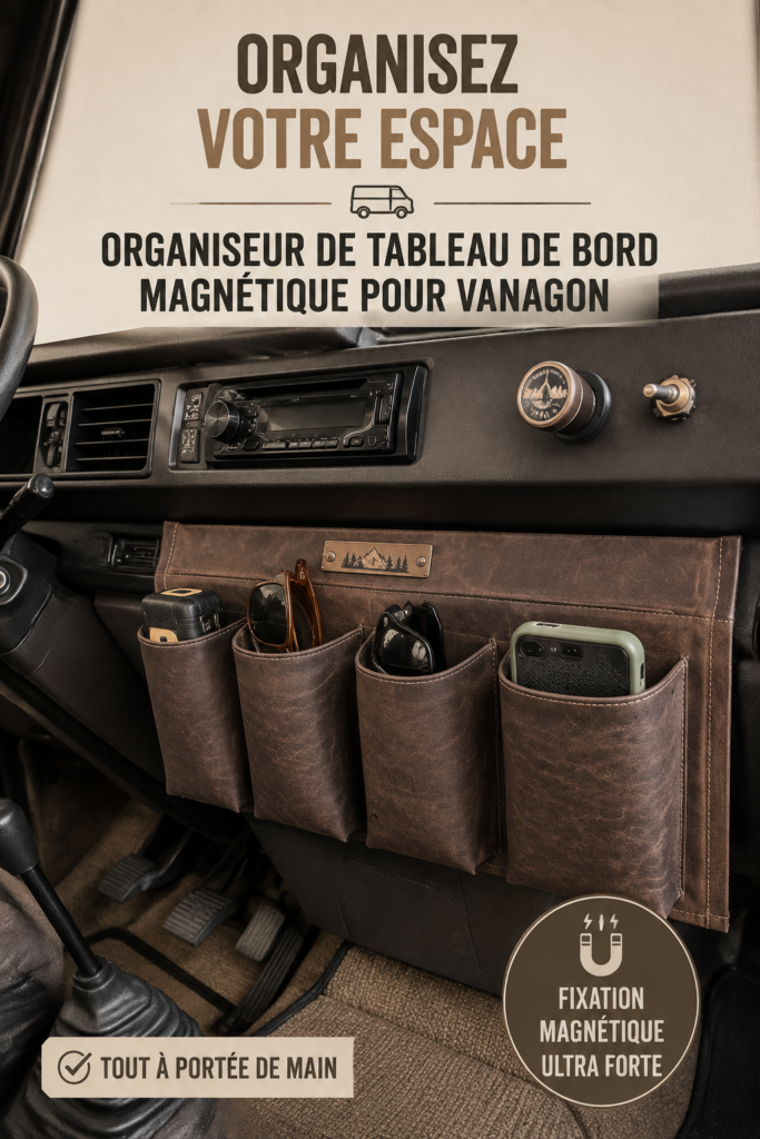 Organisateur de tableau de bord magnétique installé dans un Vanagon, offrant un rangement pratique.