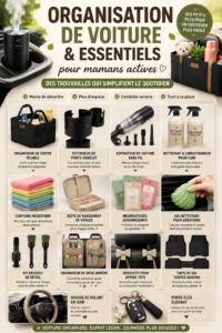 Image d'une voiture bien organisée avec des accessoires pratiques pour mamans actives.