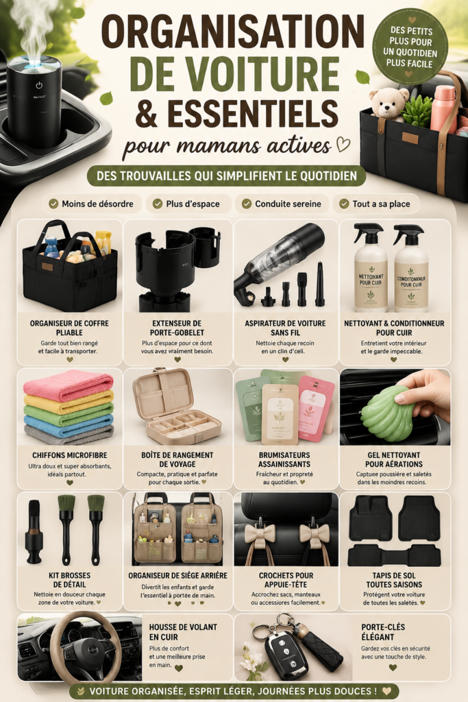 Image d'une voiture bien organisée avec des accessoires pratiques pour mamans actives.