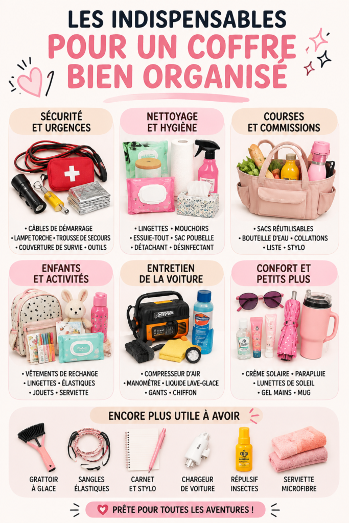 Coffre de voiture bien organisé avec des accessoires pratiques et colorés