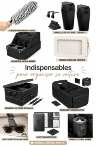 Accessoires de rangement pour voiture présentés sur une table.