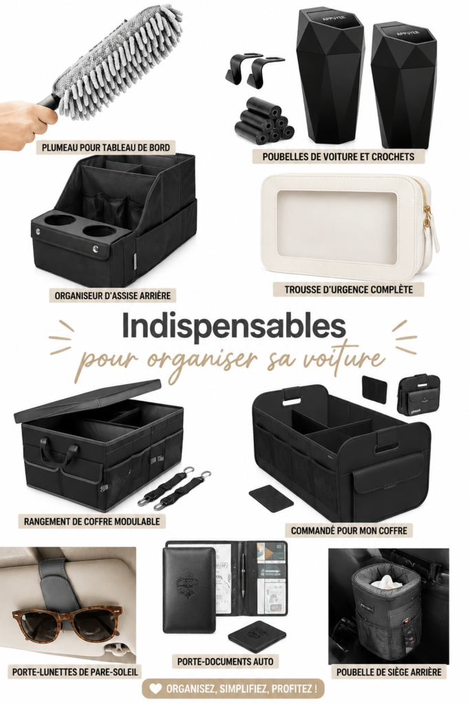 Accessoires de rangement pour voiture présentés sur une table.