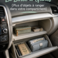 Boîte à gants d'une voiture ouverte, bien rangée avec des éléments essentiels.