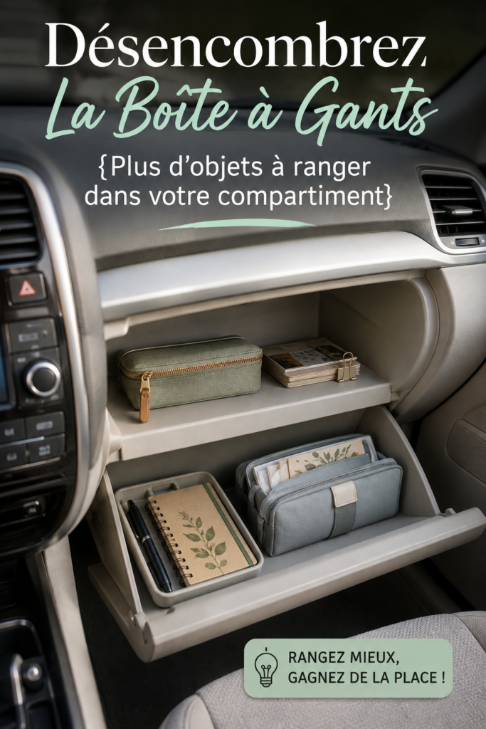 Boîte à gants d'une voiture ouverte, bien rangée avec des éléments essentiels.