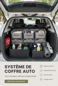 Un coffre de voiture parfaitement organisé avec des accessoires astucieux.