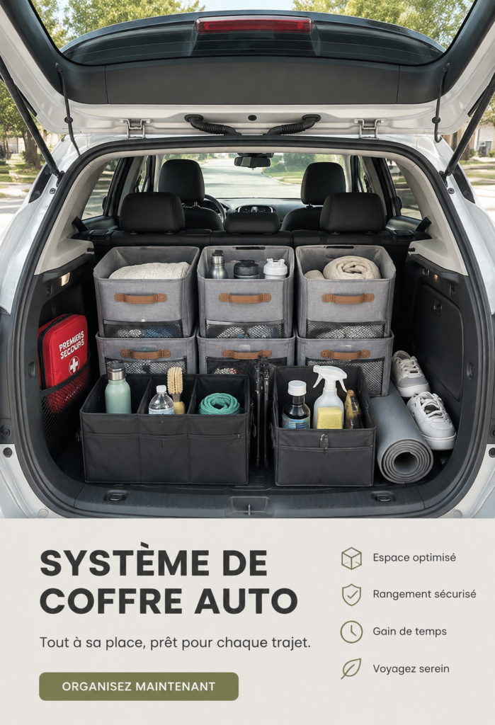 Un coffre de voiture parfaitement organisé avec des accessoires astucieux.