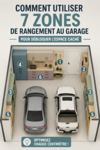 Garage bien organisé avec des zones de rangement clairement définies.
