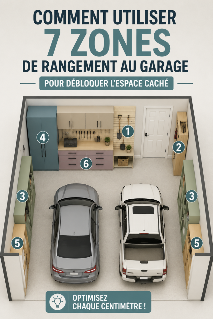 Garage bien organisé avec des zones de rangement clairement définies.