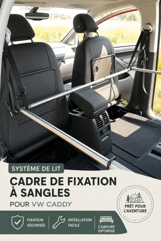 Vue d'intérieur d'un VW Caddy bien organisé avec accessoires de rangement.