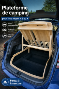 Plateforme de camping installée sur un Tesla Model Y dans un cadre naturel