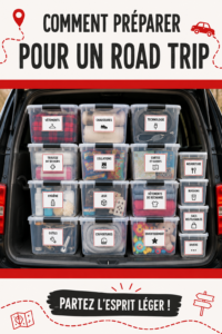 Un véhicule organisé pour un road trip, avec des sacs de rangement bien disposés.