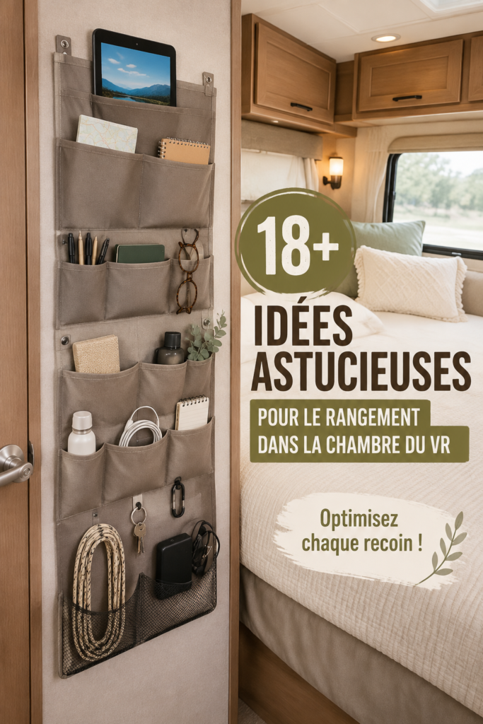 Idées de rangement astucieuses pour la chambre d'un camping-car.