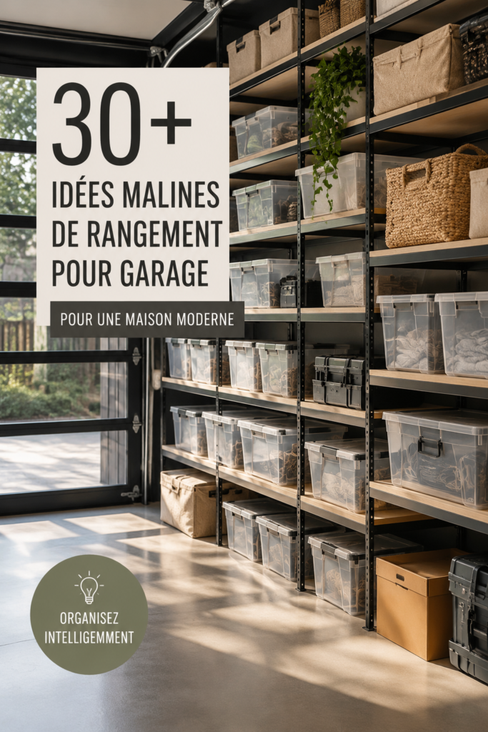 Garage moderne avec des solutions de rangement pratiques et bien organisées.