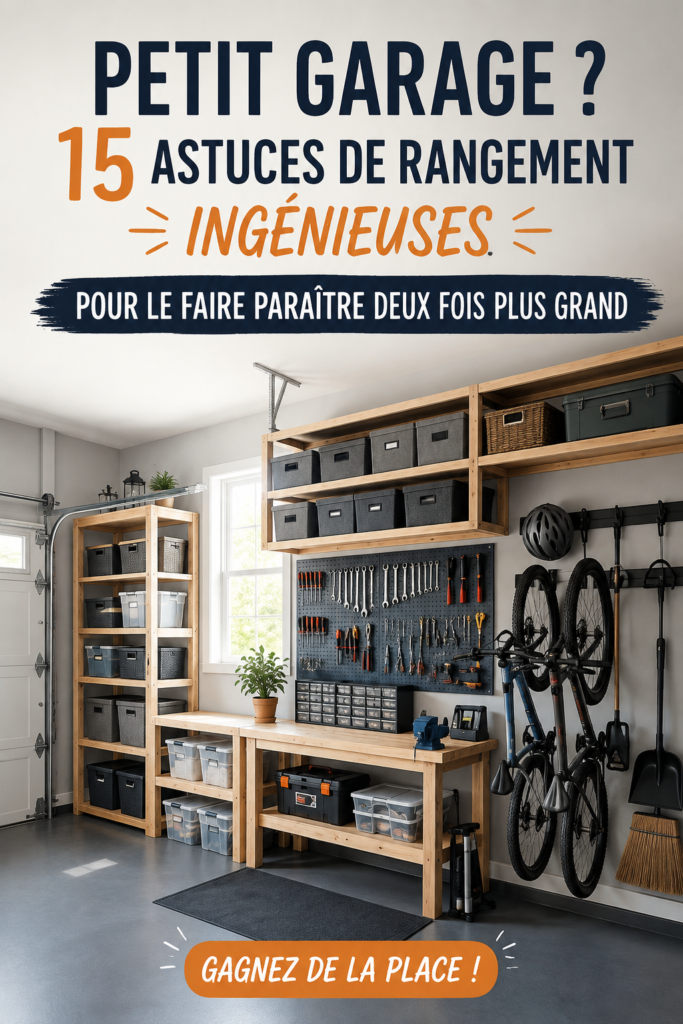 Petit garage bien organisé avec des solutions de rangement pratiques et astucieuses.