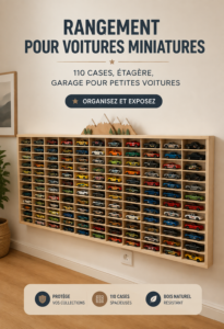 Un système de rangement esthétique pour voitures miniatures dans un garage.