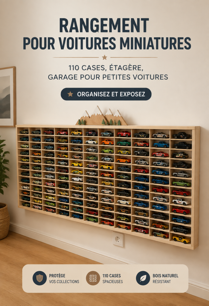 Un système de rangement esthétique pour voitures miniatures dans un garage.