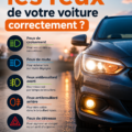 Femme conduisant une voiture avec les feux allumés sur une route de nuit.