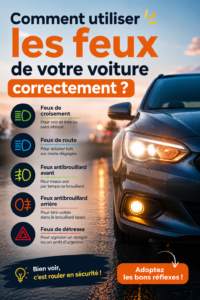 Femme conduisant une voiture avec les feux allumés sur une route de nuit.