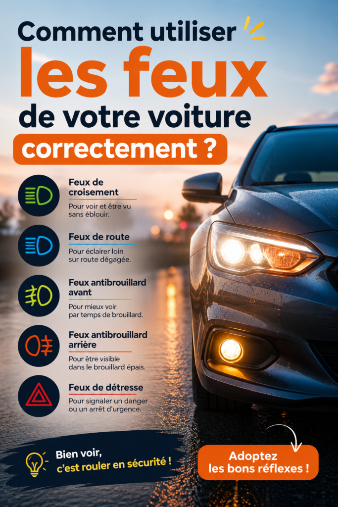 Femme conduisant une voiture avec les feux allumés sur une route de nuit.