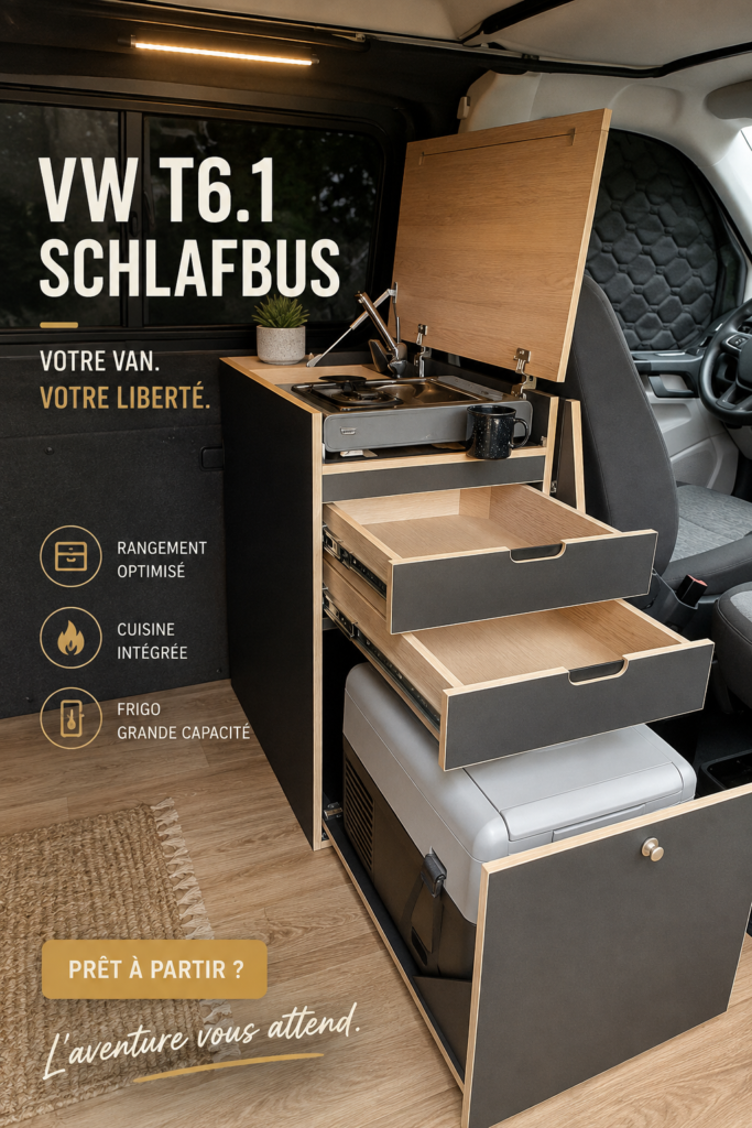 Une vue du VW T6.1 SchlafBUS garé dans un cadre naturel.
